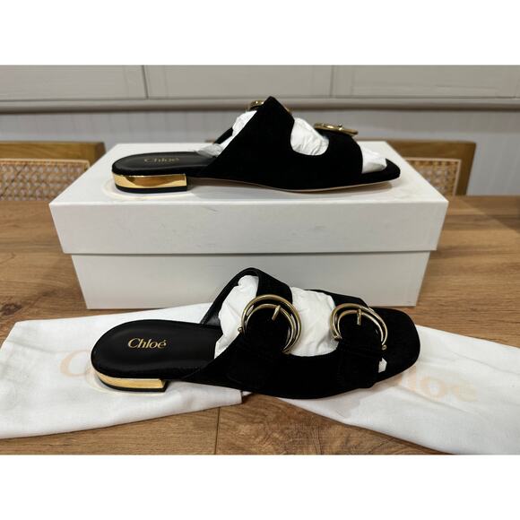 Chloé Alizè Flat Sandals Slides Black Suede Size 8 US 38 EU NIB Gold Buckles - Picture 3 of 16